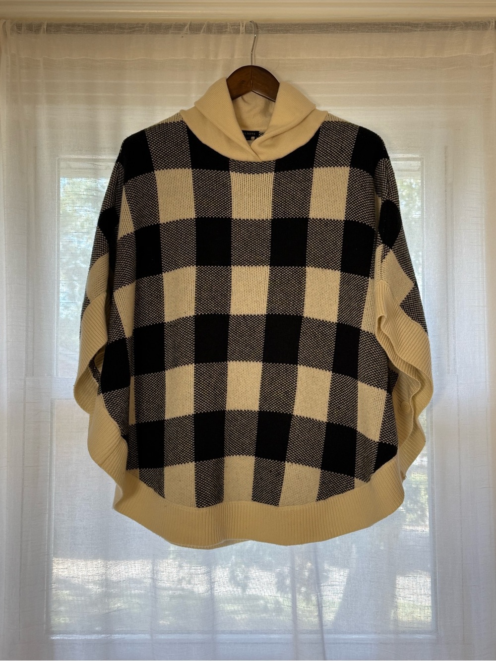 Talbots Buffalo Check Hooded Poncho Sweater - Black & Cream